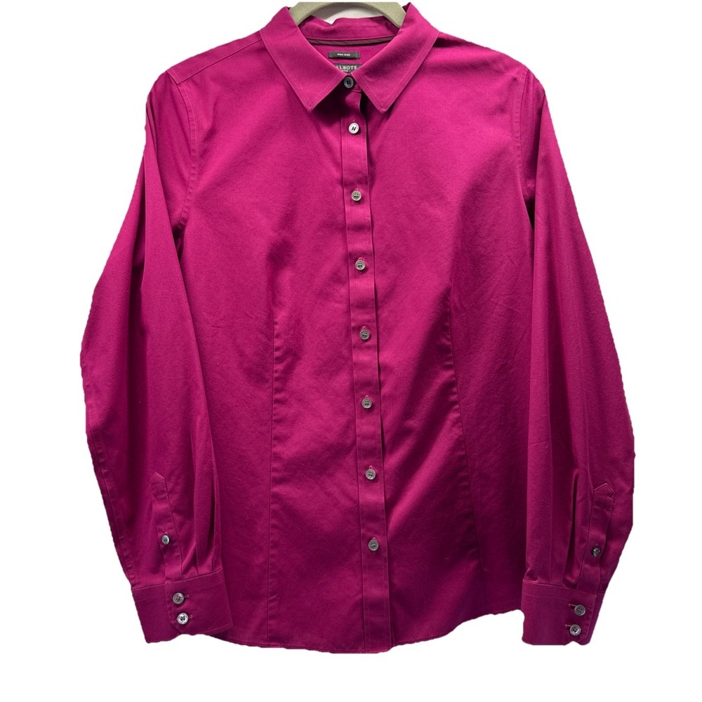 Talbots Women's Top Blouse Size 8P Petite Solid Pink‎ Button Up No Iron Career